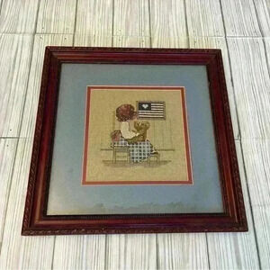 Framed Patriotic Teddy Bear Cross Stitch Embroidered Handmade